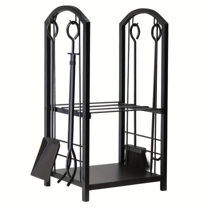 5pcs Indoor Outdoor Wrought Iron Firewood Log Storage Rack Holder Firepit Tools Set for Fireplace, Fire Pit, Stove W/Hook, Broom, Shovel, Tongs