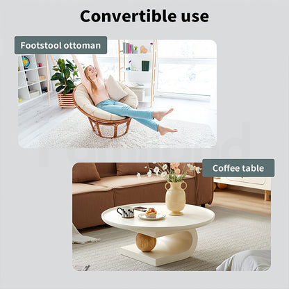 Convertible tufted linen footstool serves as a footstool ottoman and coffee table for versatile living spaces