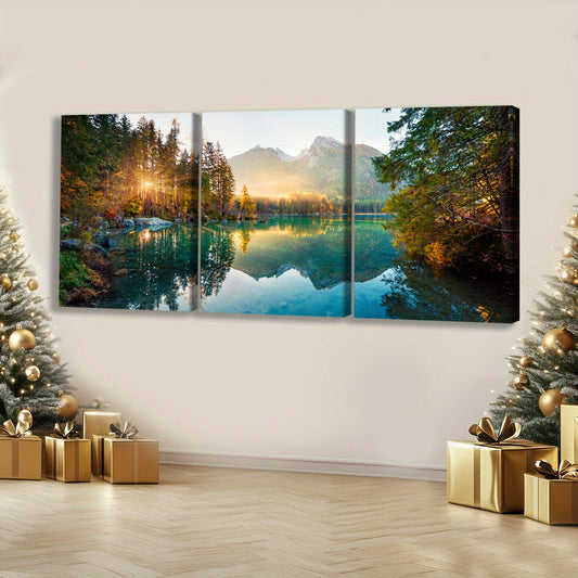 Stunning fantasy scenery wall decor featuring a serene lake and mountains in a three-panel set