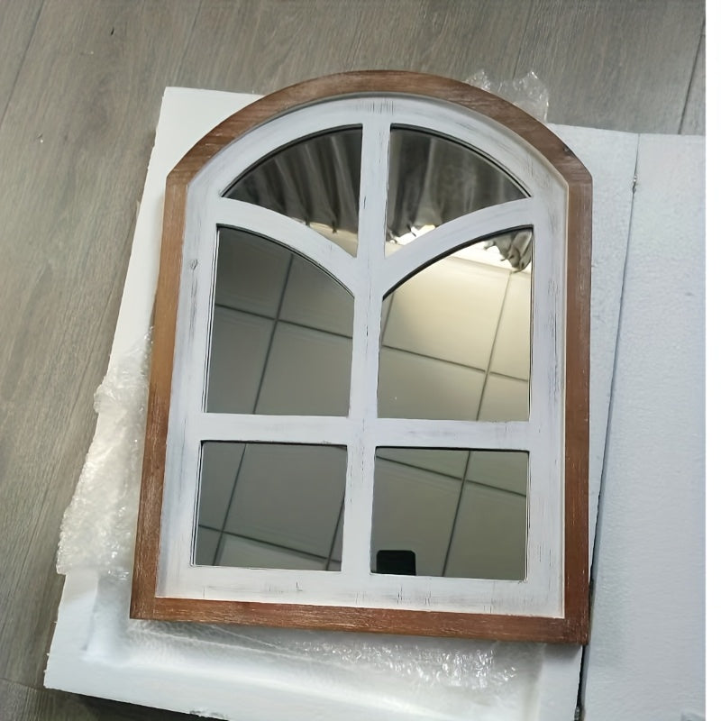 Nutshell farmhouse arched mirror with a wooden frame and four-pane design for a rustic decor style