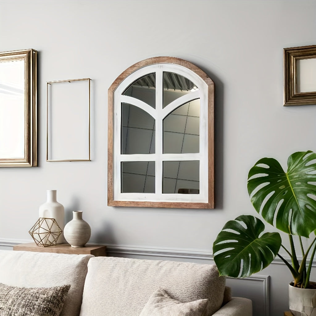Nutshell farmhouse arched mirror with a wooden frame, perfect for living room decor