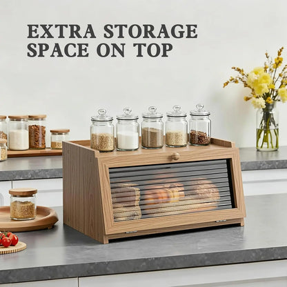 Nutshell farmhouse bread storage container with extra top storage for efficient kitchen organization