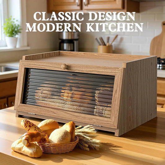 Nutshell farmhouse bread storage container in a classic wood design with sliding doors for kitchen use