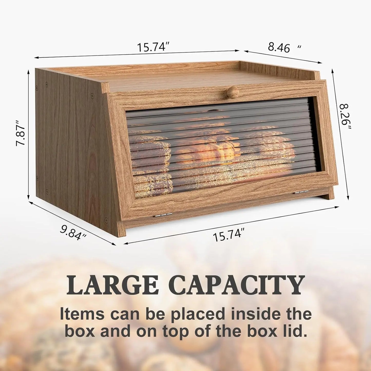 Nutshell farmhouse bread storage container with large capacity and wood finish for kitchen organization