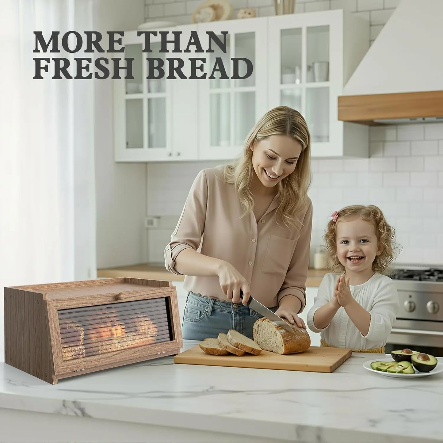 Nutshell farmhouse bread storage container in a stylish kitchen setting with a woman and child preparing bread