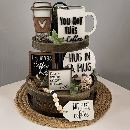 Nutshell farmhouse coffee station decor featuring tiered trays with motivational coffee signs and greenery