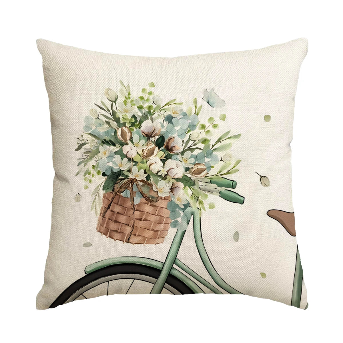 Nutshell farmhouse eucalyptus pillow covers featuring a bike basket with flowers on a cream cushion