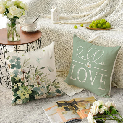 Nutshell farmhouse eucalyptus pillow covers with floral and hello love designs on cozy cushions