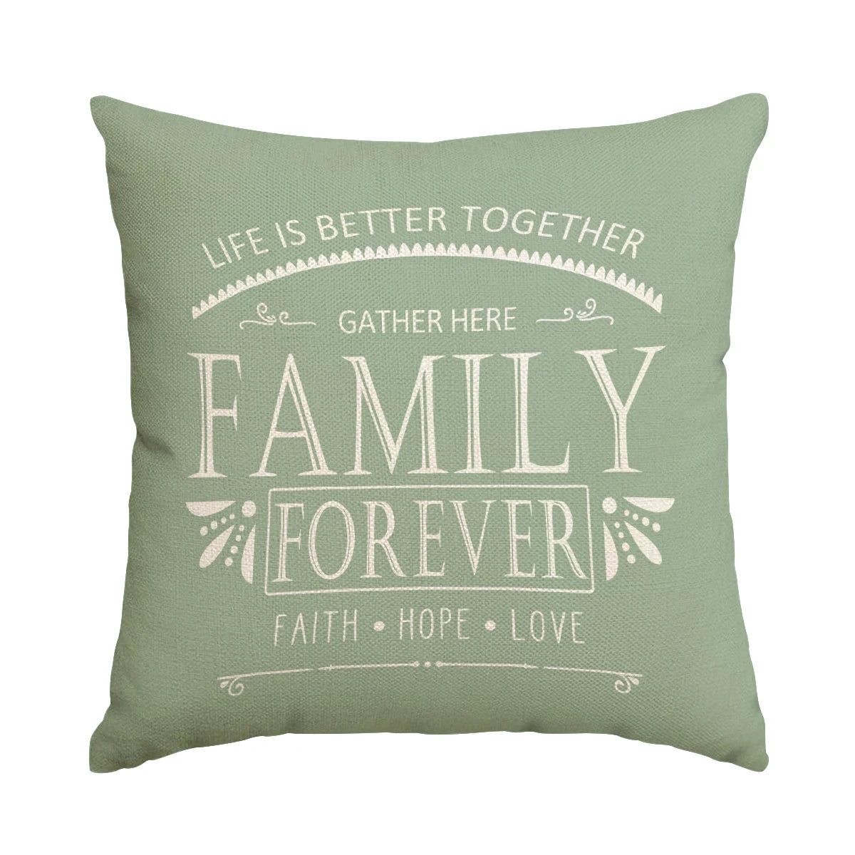 Nutshell farmhouse eucalyptus pillow covers with family forever quote in white text on green cushion