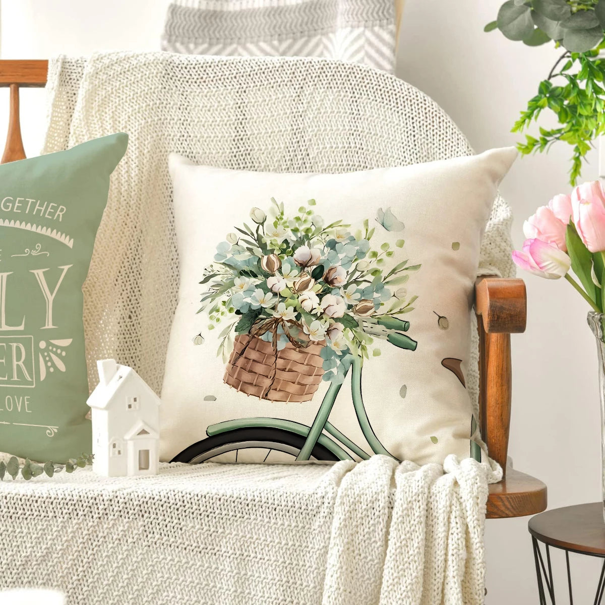 Nutshell farmhouse eucalyptus pillow covers with floral design on cream cushion for home decor