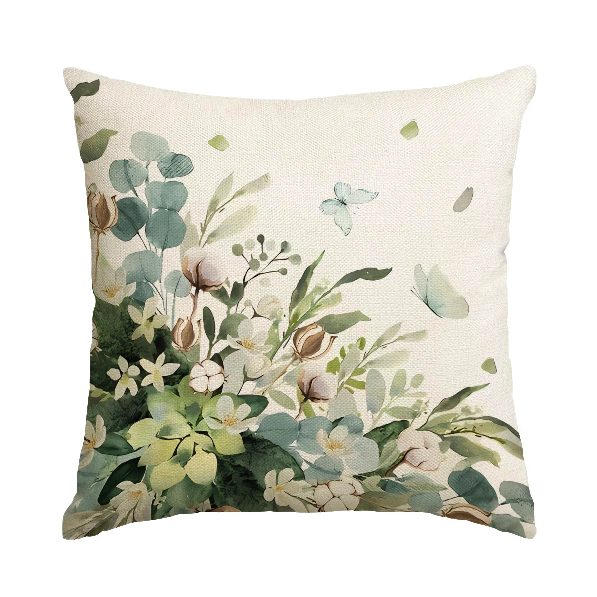 Nutshell farmhouse eucalyptus pillow covers with green leafy and floral design on beige cushion