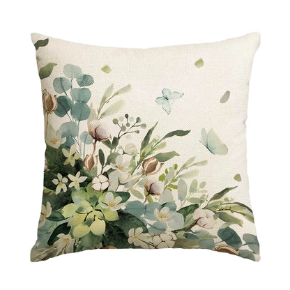 Nutshell farmhouse eucalyptus pillow covers with green leafy and floral design on beige cushion