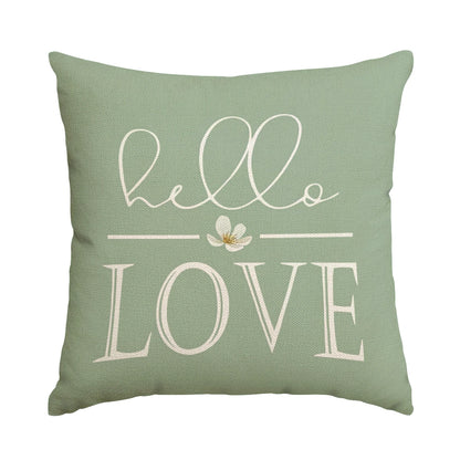 Nutshell farmhouse eucalyptus pillow covers green cushion with hello love text and floral design