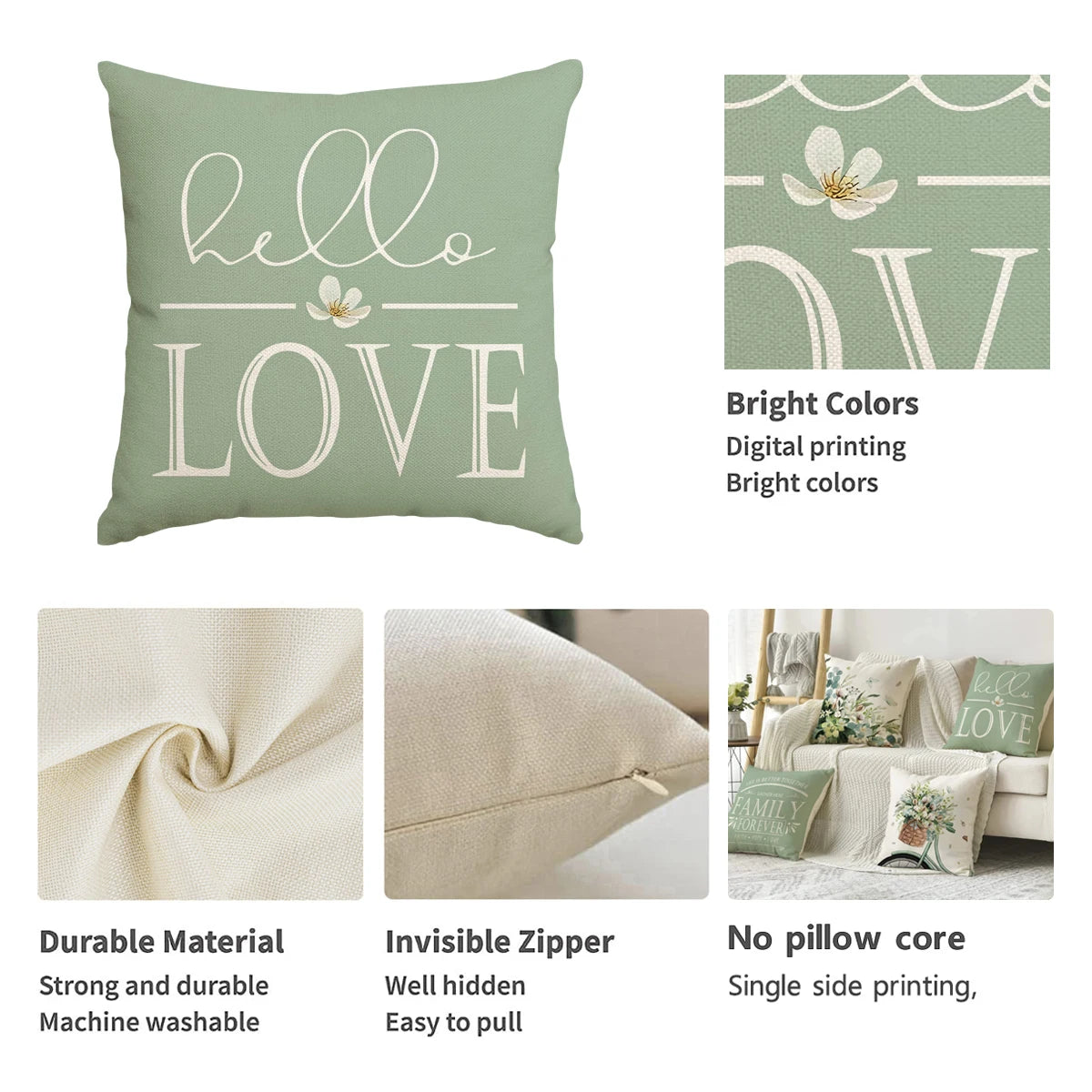 Nutshell farmhouse eucalyptus pillow covers with hello love design in green durable material and hidden zipper