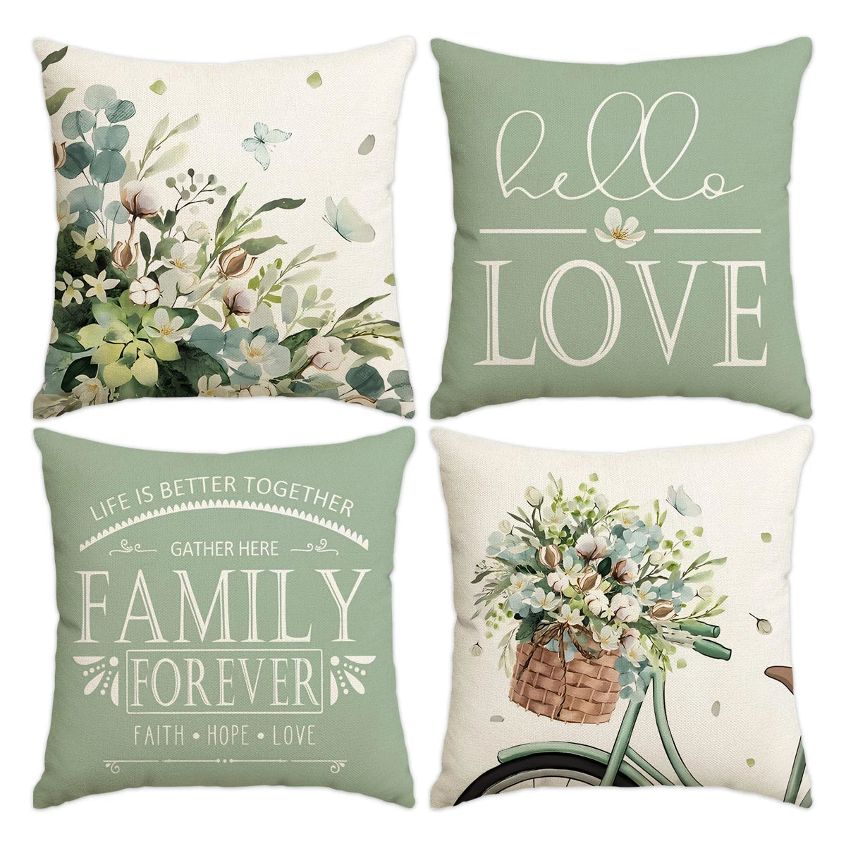 Set of four Nutshell farmhouse eucalyptus pillow covers with floral and family love designs