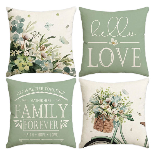 Set of four Nutshell farmhouse eucalyptus pillow covers with floral and family love designs