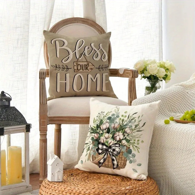 Nutshell farmhouse living room accent pillows with Bless Our Home text and floral basket design