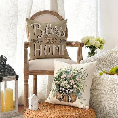 Nutshell farmhouse living room accent pillows with Bless Our Home text and floral basket design