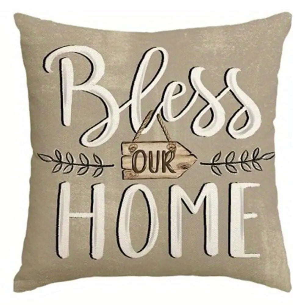 Farmhouse living room accent pillows with Bless Our Home text in rustic design by Nutshell