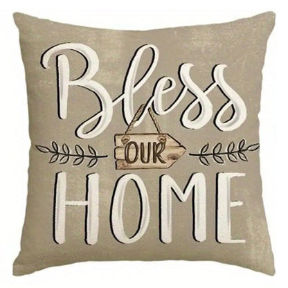 Farmhouse living room accent pillows with Bless Our Home text in rustic design by Nutshell