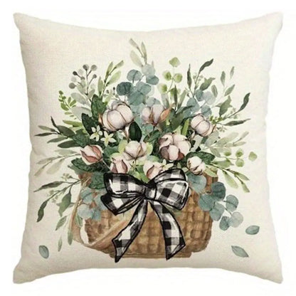 Farmhouse living room accent pillows with cotton floral basket and black checkered bow design