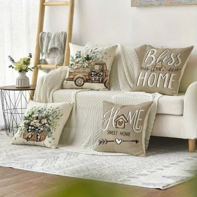 Nutshell farmhouse living room accent pillows with cozy designs on cream sofa and soft knitted throw
