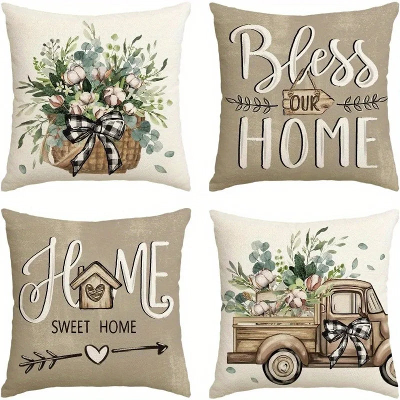 Set of farmhouse living room accent pillows with floral basket, Bless Our Home, Home Sweet Home, and vintage truck designs