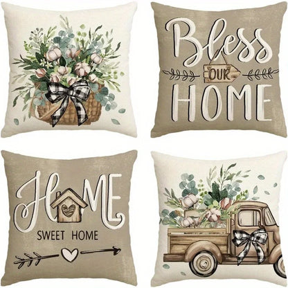 Set of farmhouse living room accent pillows with floral basket, Bless Our Home, Home Sweet Home, and vintage truck designs