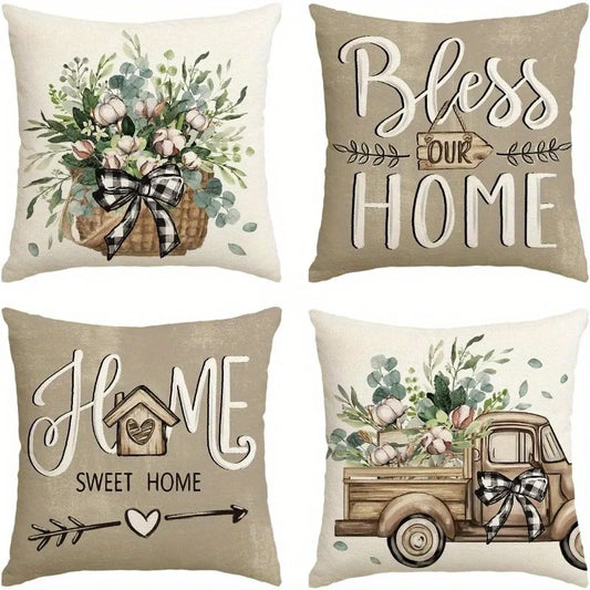 Set of farmhouse living room accent pillows with floral basket, Bless Our Home, Home Sweet Home, and vintage truck designs