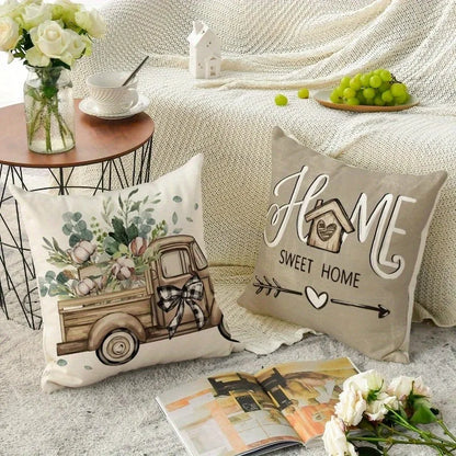 Farmhouse living room accent pillows with vintage truck and home sweet home design on couch