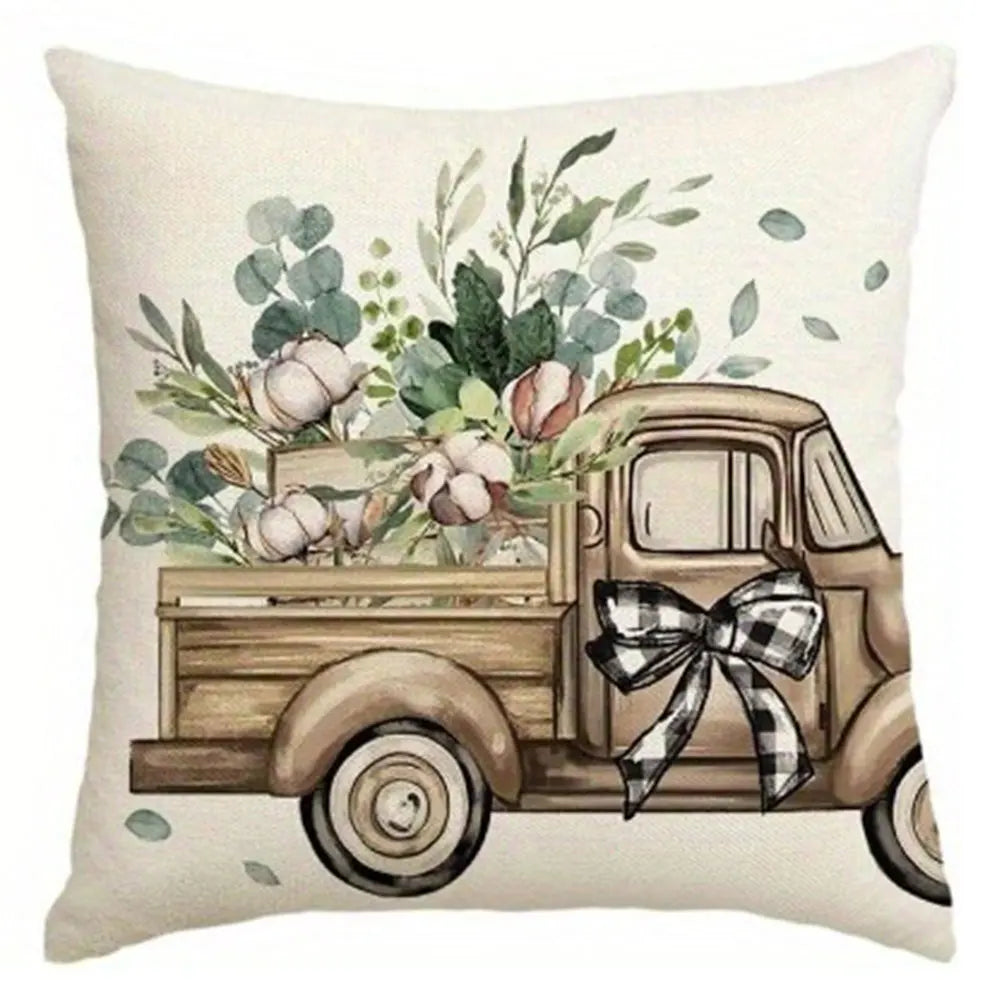 Nutshell farmhouse living room accent pillows with vintage truck and floral design in neutral colors