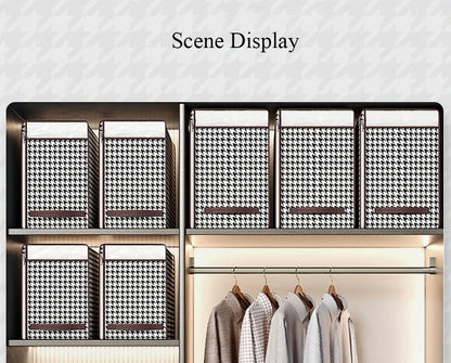 Nutshell thickened closet storage solution with patterned fabric storage bins neatly arranged on shelves