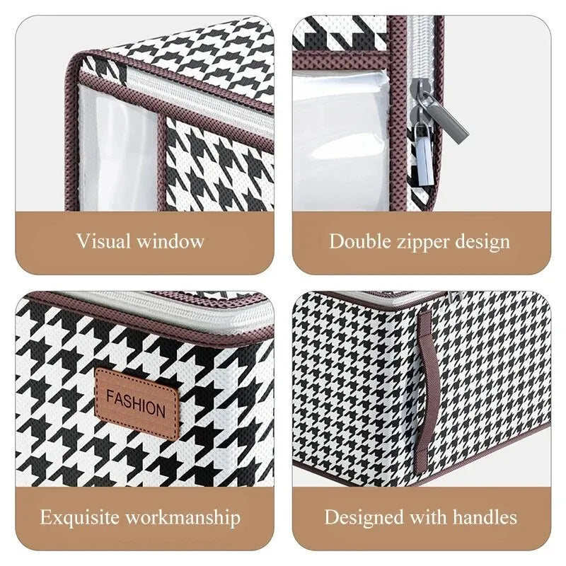 Nutshell houndstooth fabric storage box with clear window double zipper handles thickened closet storage solution
