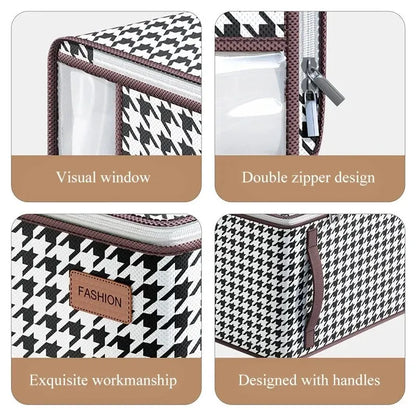 Nutshell houndstooth fabric storage box with clear window double zipper handles thickened closet storage solution