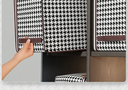 Nutshell thickened closet storage solution houndstooth fabric storage box with brown trim and handle on shelf
