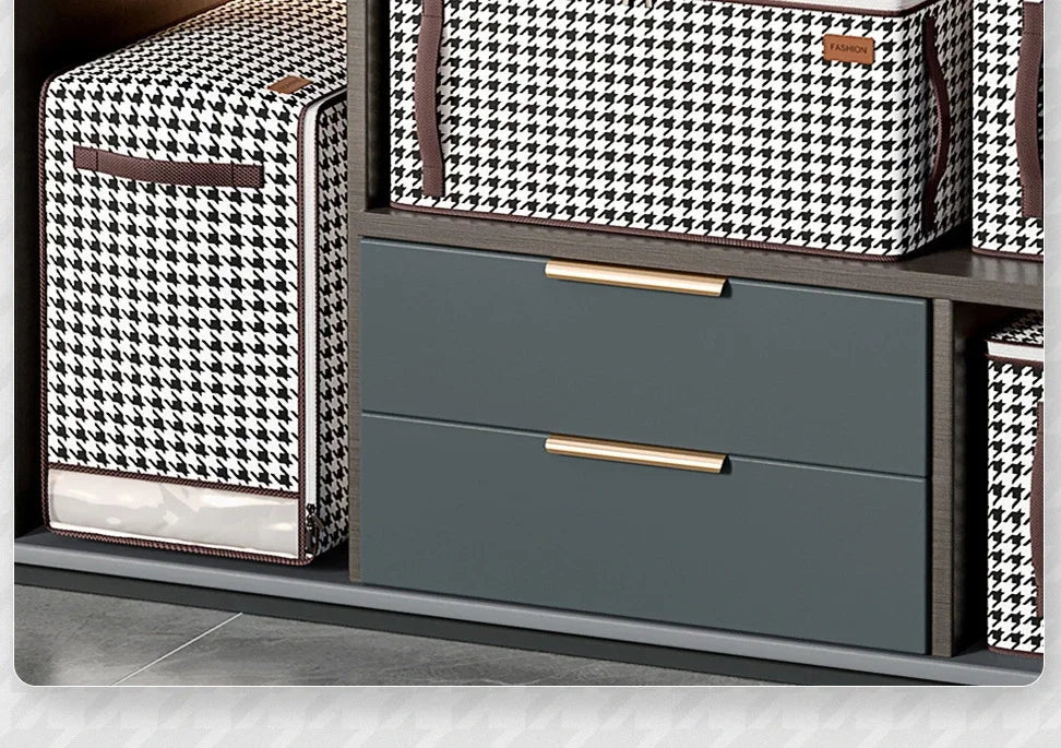 Nutshell houndstooth fabric storage boxes on shelf thickened closet storage solution with leather trim and clear ID window