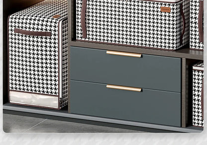 Nutshell houndstooth fabric storage boxes on shelf thickened closet storage solution with leather trim and clear ID window