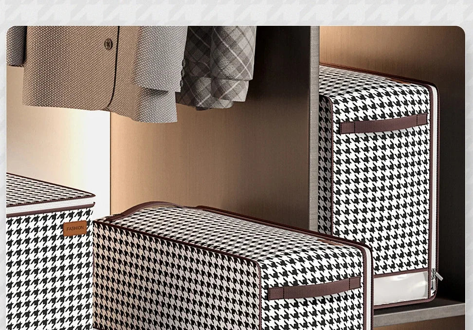 Nutshell houndstooth fabric storage boxes with zipper handles on closet shelf thickened closet storage solution