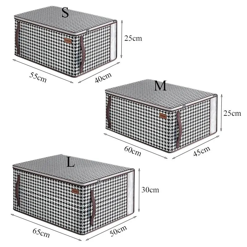 Nutshell set of three houndstooth fabric storage boxes labeled S M L with zippers and handles thickened closet storage solution