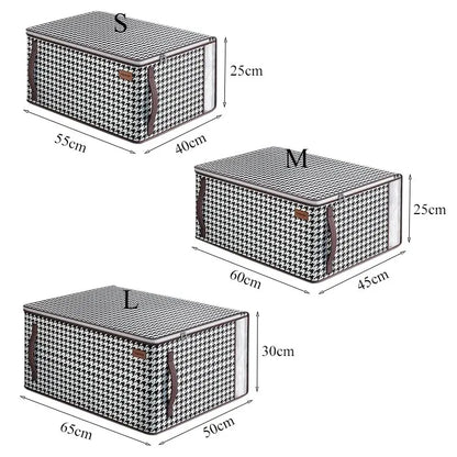 Nutshell set of three houndstooth fabric storage boxes labeled S M L with zippers and handles thickened closet storage solution