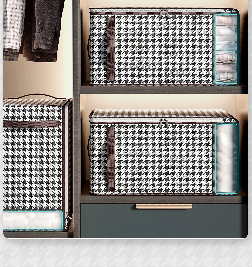 Nutshell houndstooth fabric storage boxes with clear side window and handles thickened closet storage solution