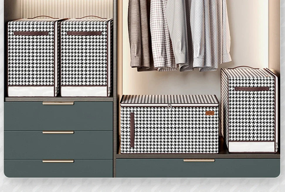 Nutshell thickened closet storage solution houndstooth fabric storage boxes set in organized closet with hanging shirts