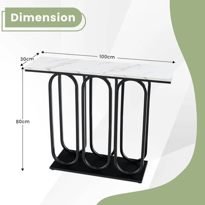 Nutshell faux marble console table with a modern design and black metal legs, perfect for entryways