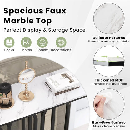Nutshell faux marble console table featuring a spacious top for display and storage with elegant patterns