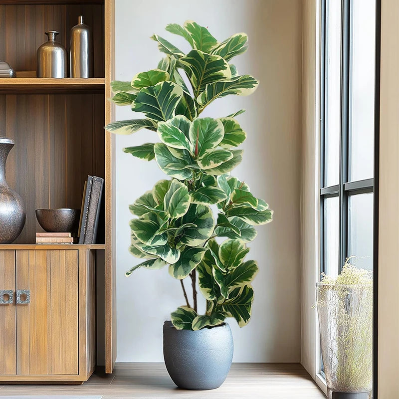 Nutshell faux plant real touch banyan tree in gray pot with large variegated leaves for home decor