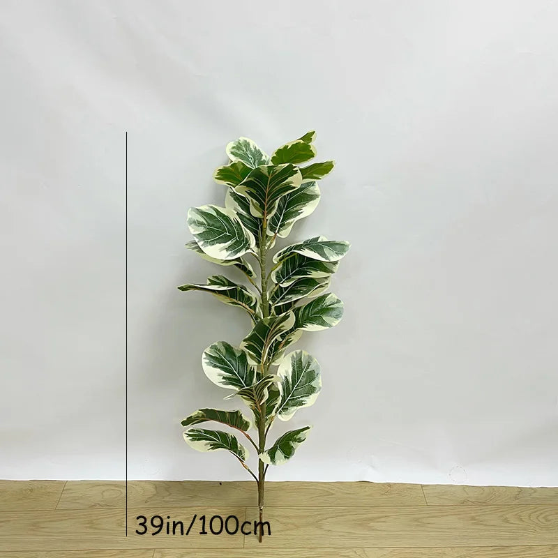Nutshell real touch banyan tree faux plant variegated green and white leaves single 39in stem on wood floor
