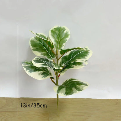 Nutshell faux plant branch with variegated green and cream leaves 13 in 35 cm real touch banyan tree for home decor