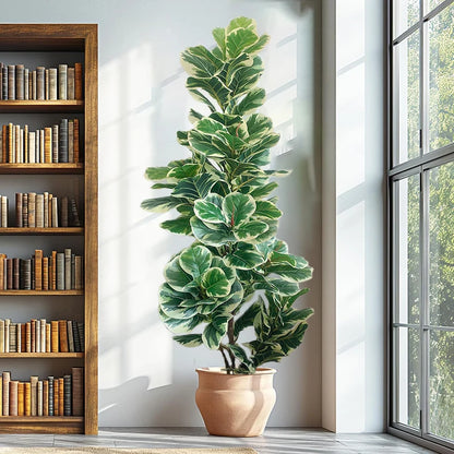 Nutshell faux plant real touch banyan tree tall variegated leaves in terracotta pot by window and bookshelf