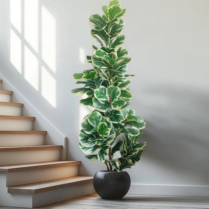 Nutshell faux plant real touch banyan tree in black pot with variegated leaves for indoor decor