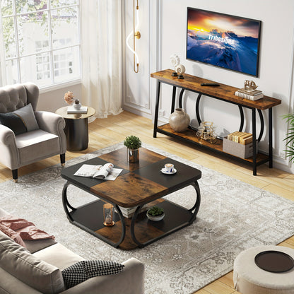 Nutshell 2 tier square coffee table with wooden top and black metal frame in modern living room